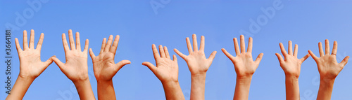 Photo: Row of hands with open palms on blue sky background Row of hands with open palms on blue sky background
