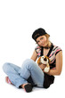 Young girl with toy dog. Isolate on white.