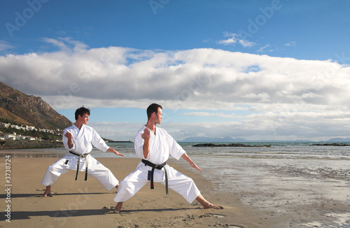 Photo: Young adult men with black belt practicing a Kata Young adult men with black belt practicing a Kata