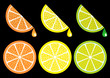 Orange lemon and lime slices over black background