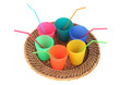 Cups of different colors on a tray