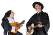 Middle aged nun and priest playing the guitar. Middle aged nun and priest playing the guitar.