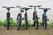 Five parked bicycles Five parked bicycles