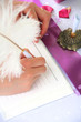 pink notebook and a feather pen on a wedding guest table