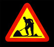 a red and yellow roadworks traffic sign