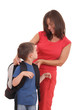 five years old boy and his mother with backpack isolated