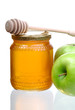 Jar Of Honey, Green Apples And A Wooden Honey Dipper