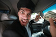 Angry driver with dollar bills.