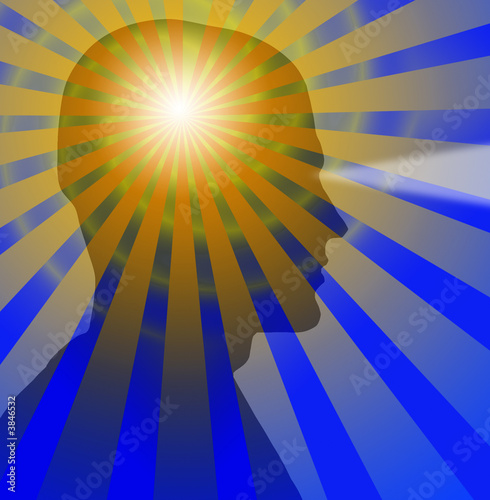 Beams radiate from a sillouette of a head