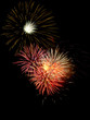 Fireworks, wispy burst above cluster of pink orange bursts
