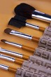 Cosmetic brushes lined up in the tool case.