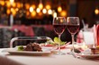 meat with salad and wine