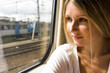 young woman in vintage train