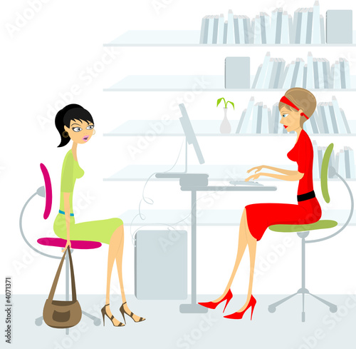 Vektor: A young woman gets a job interview A young woman gets a job interview