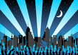 Concert crowd and woman singing over starry city skyline