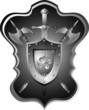 Knightly armour board, sword, helmet.