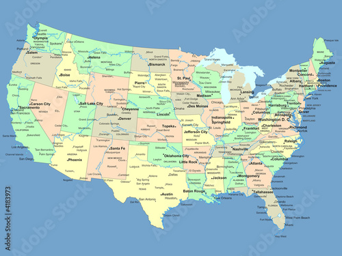 Illustration: USA map with names of states and cities USA map with names of states and cities