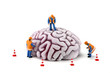 Brain with workers inspecting it. Mental Health concept Brain with workers inspecting it. Mental Health concept