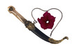 old dagger and chain in shape of heart isolated on white