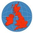 Map of British isles on globe red