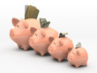 Four pink piggy banks showing profits and gains on white backgro Four pink piggy banks showing profits and gains on white backgro