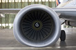 Jet engine at aircraft in the hangar, back view