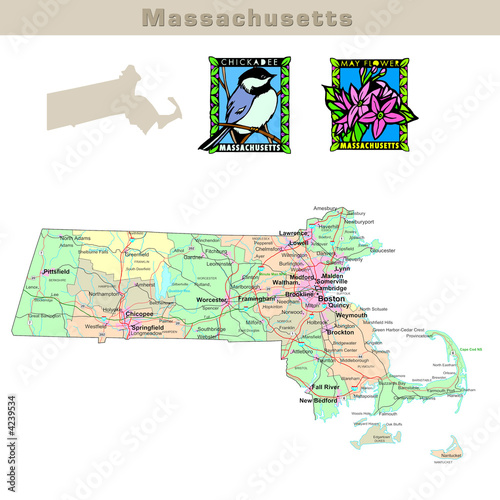 USA states series: Massachusetts. Political map with counties