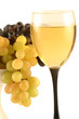 Glass of wine on a background of grapes of two grades. Glass of wine on a background of grapes of two grades.