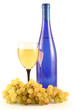 Bottle of wine, glass and grapes isolated on white . Bottle of wine, glass and grapes isolated on white .