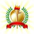 Ribbon and olympic torch ornamented with laurel crown