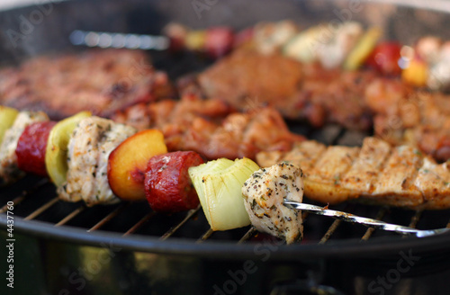 Meat and skewers on the grill
