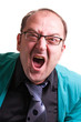 Frustrated manager wearing glasses yelling at the viewer