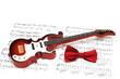 Musical notes, guitar and bow tie on white
