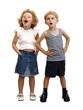 two children girl and boy stand together and sing or shout two children girl and boy stand together and sing or shout