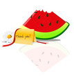 sliced water melon with thankyou card and flower