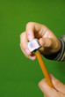 Photo: cue stick wit chalk block on green pool table cue stick wit chalk block on green pool table