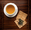 Green tea in a white cup on a dark background