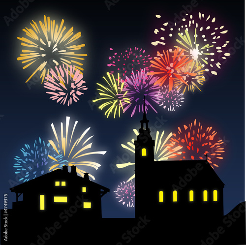 Feux d'artifice au village - Illustration Feux d'artifice au village - Illustration