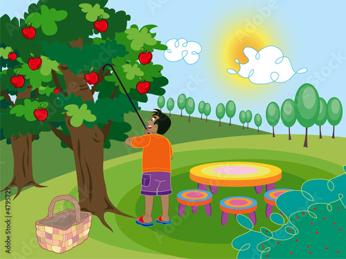 dates tree cartoon. boy and apple tree - cartoon