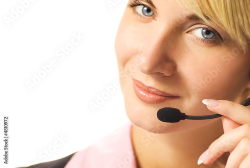 Beautiful hotline operator with headset isolated on white backgr