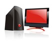 red personal computer and monitor screen