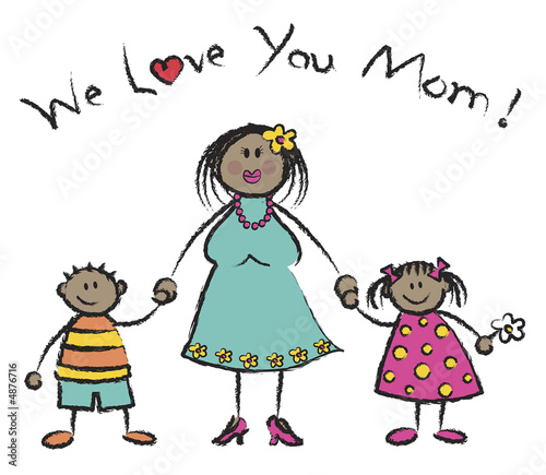 WE LOVE YOU MOM cartoon dark skin tone family