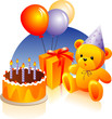 Birthday cake, present, teddy bear, party hat, balloons