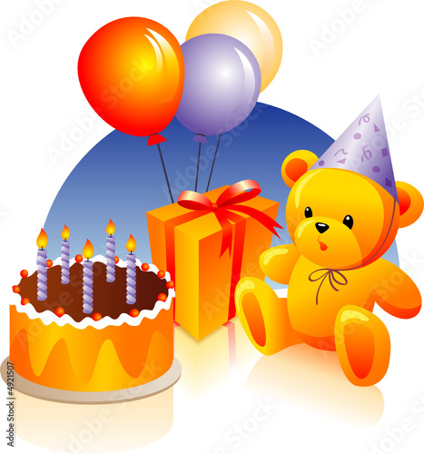Birthday cake, present, teddy bear, party hat, balloons