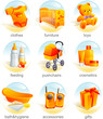 Icon set - baby shopping, clothes, furniture, toys, pushchairs Icon set - baby shopping, clothes, furniture, toys, pushchairs