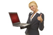 Business woman with computer giving thumbs up