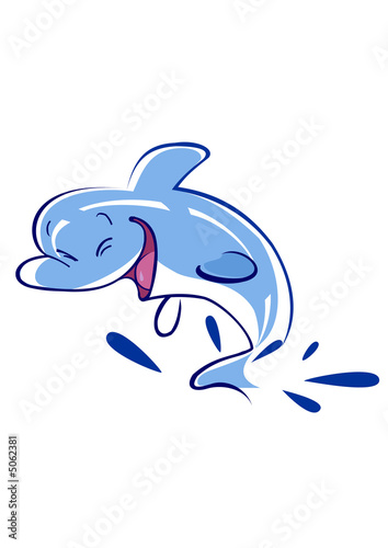 Illustration: Happy dolphin jumped out of water with water drops around Happy dolphin jumped out of water with water drops around