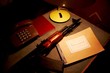 Control block. Old phone, assault rifle book and lamp.