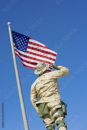 Photo: Soldier saluting United States flag, outdoors, low angle view Soldier saluting United States flag, outdoors, low angle view