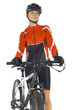 Young woman in helmet, standing next to mountain bike.